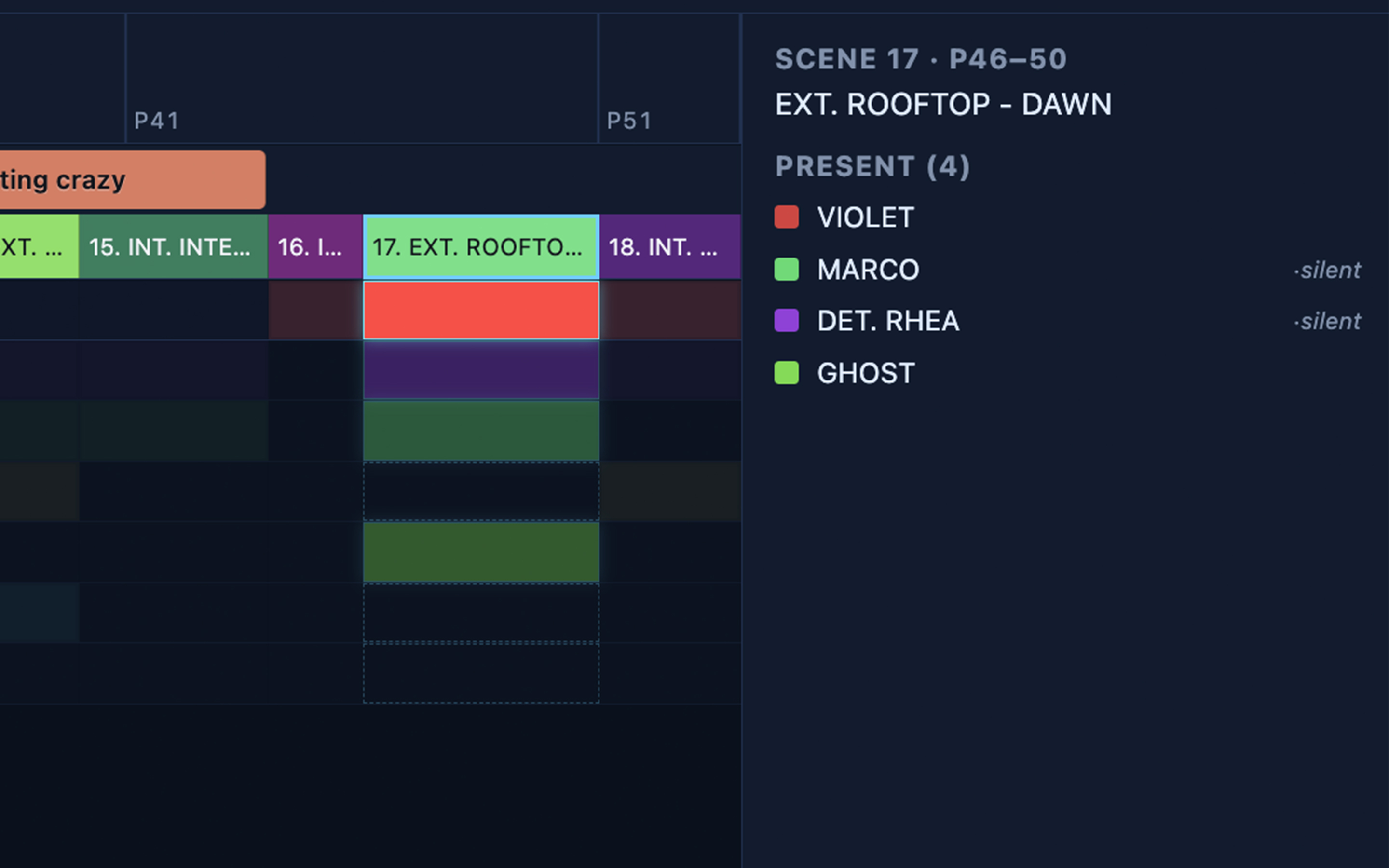 Scene info panel showing characters present